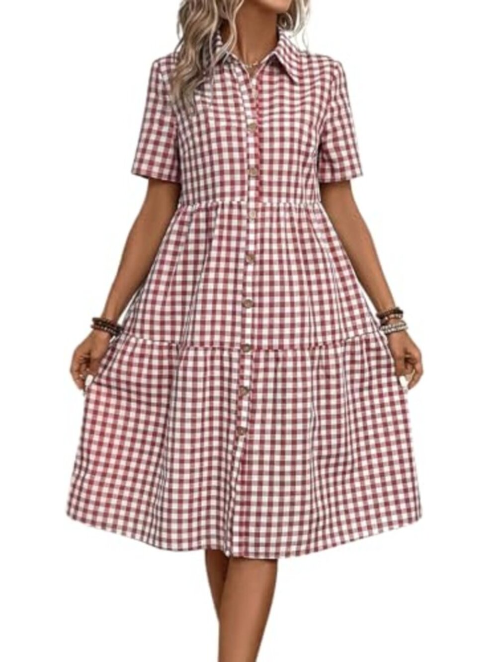 Women's Retro Plaid Button Up Shirt Dress A-Line Swing Tunic